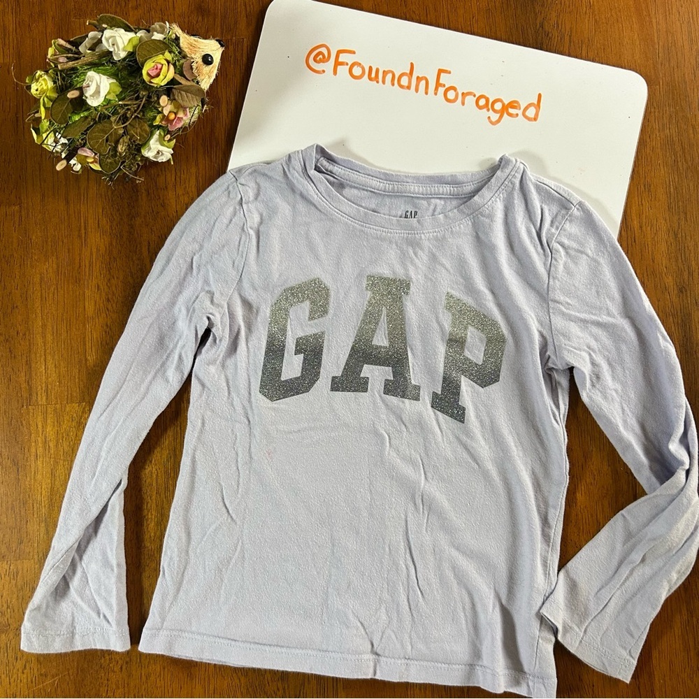 GAP Glitter Logo Long Sleeve Tee Girl XS (4/5) Light Purple Silver Glitter Logo